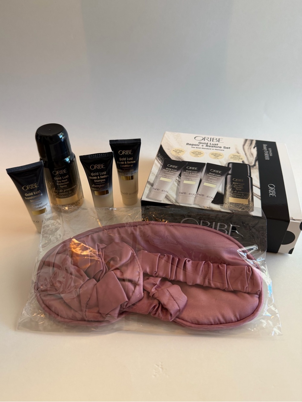 Oribe Gold Lust Repair + Restore Set with Satin Sleep Mask & Scrunchie. MSRP $88